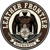 Logo of Leather Frontier with a jacket, compass, and eagle on a brown circular background