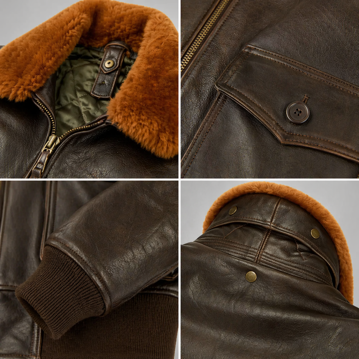 Collage of a brown leather jacket with fur collar and details.