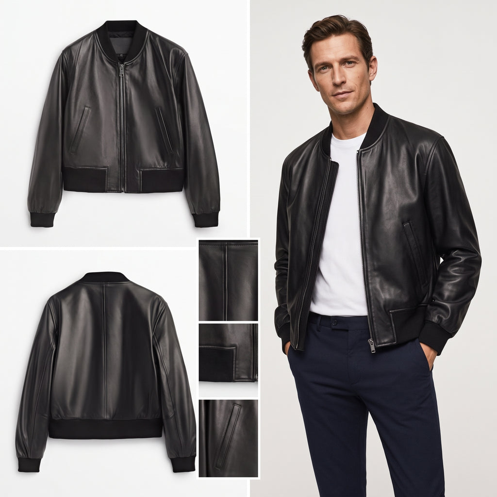 Black leather bomber jacket shown in multiple views: front, back, and close-up fabric details, alongside a male model wearing it over a white T-shirt and navy pants on a light gray studio background.