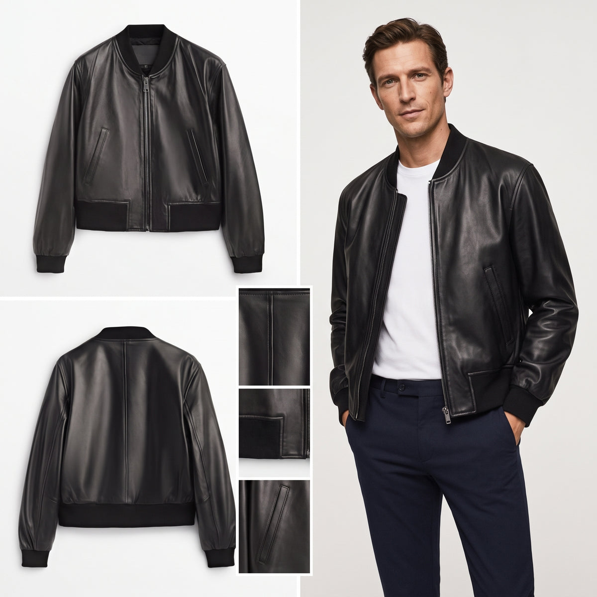 Black leather bomber jacket shown in multiple views: front, back, and close-up fabric details, alongside a male model wearing it over a white T-shirt and navy pants on a light gray studio background.