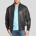 Men’s lightweight black sheepskin bomber jacket front view