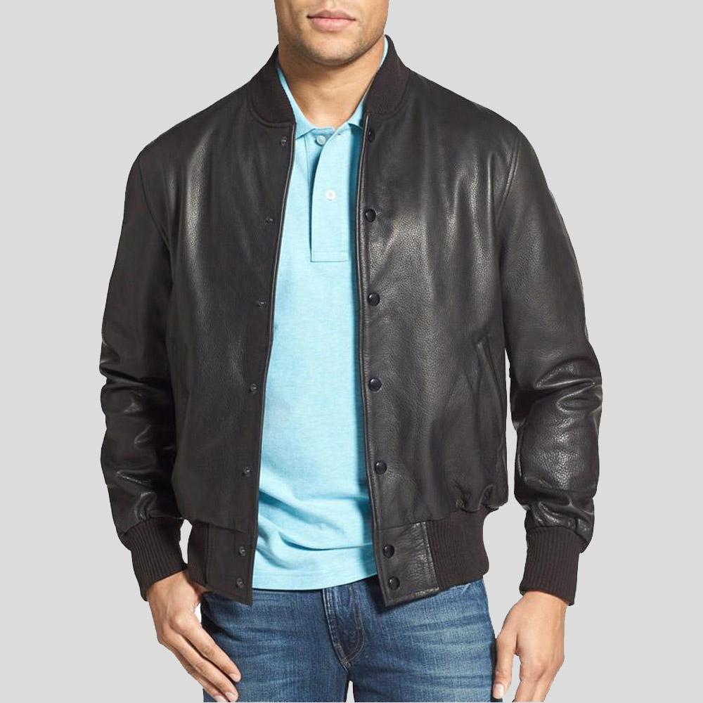Men’s lightweight black sheepskin bomber jacket front view