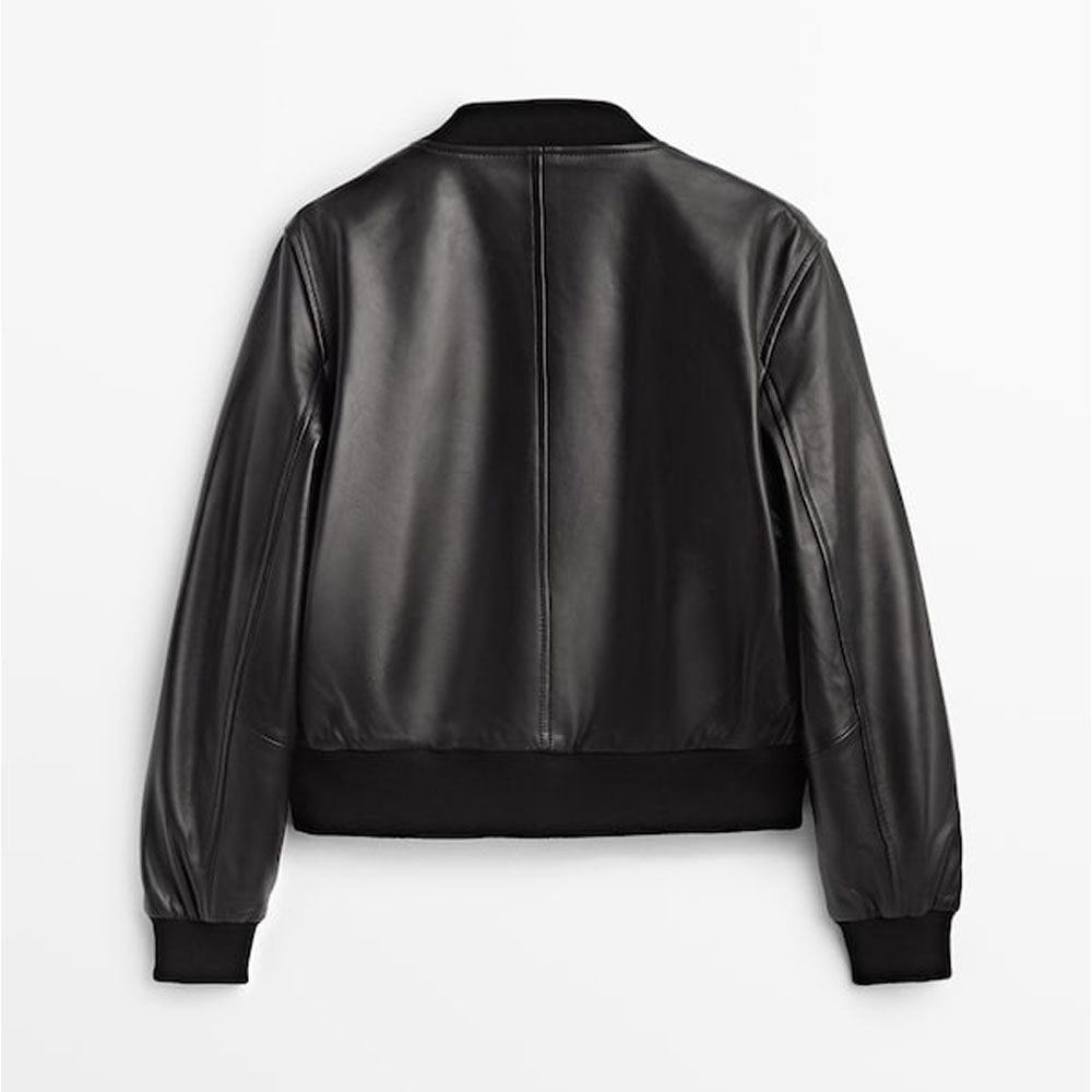 Black leather bomber jacket on a white background