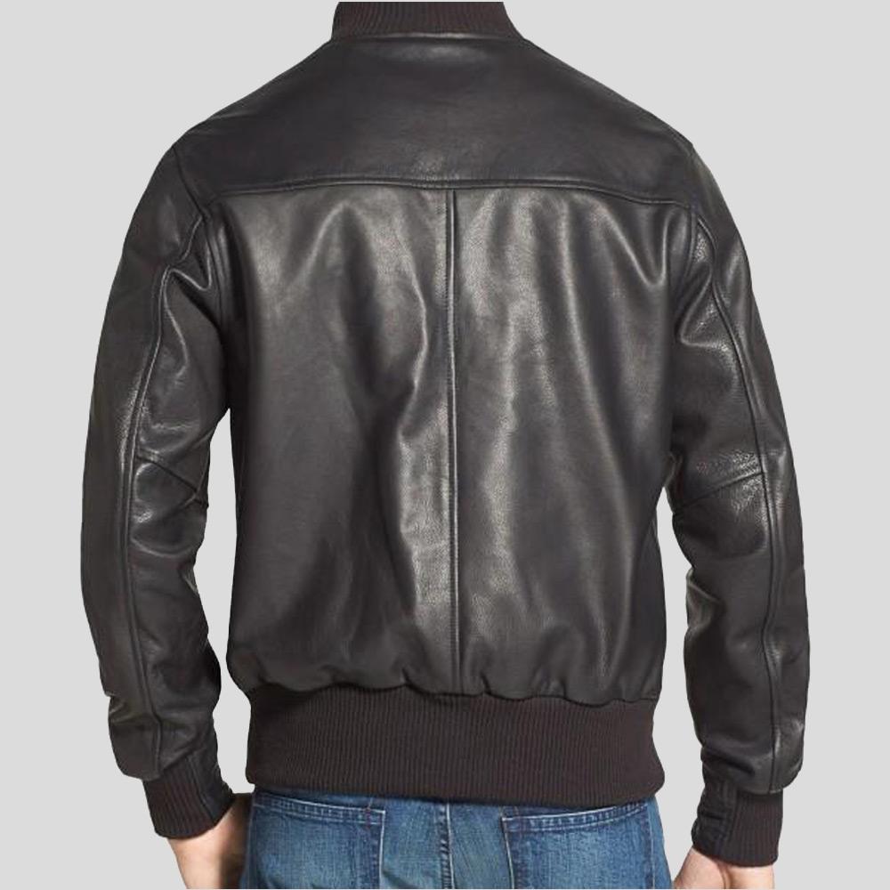 Back view of black leather bomber jacket with ribbed waistband