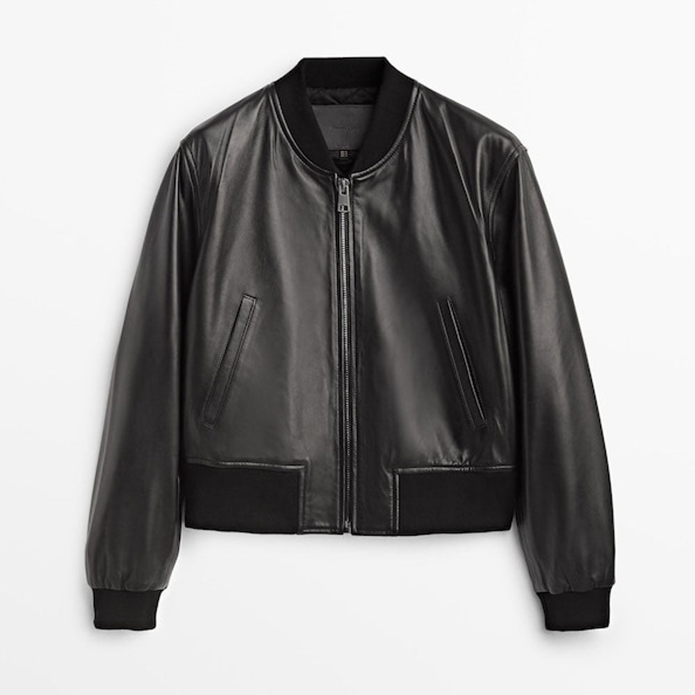 Black leather bomber jacket on a white background