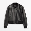 Black leather bomber jacket on a white background
