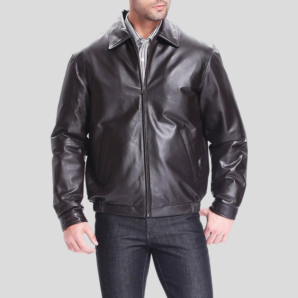 Man wearing a black leather jacket on a gray background