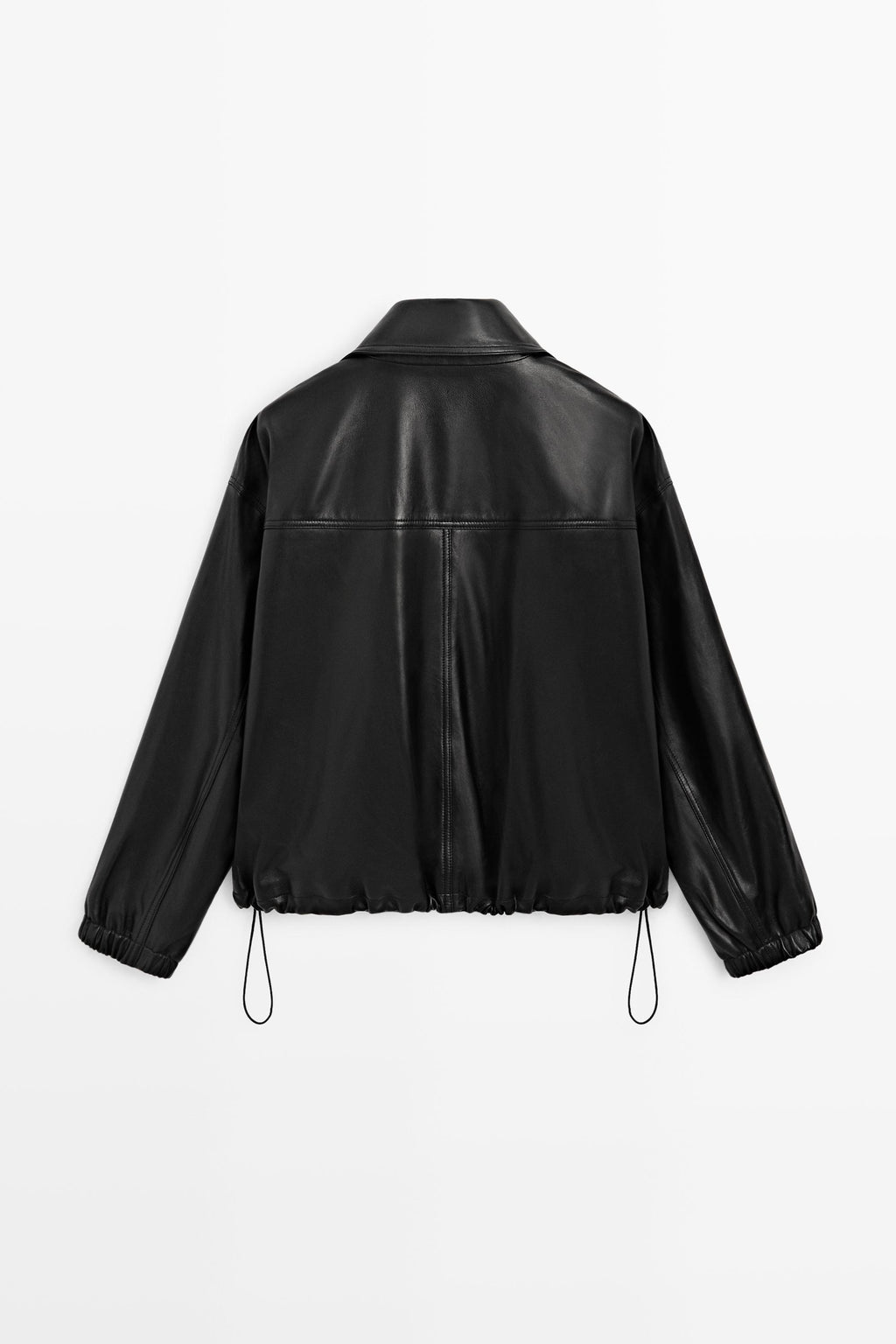 Black leather jacket shown from the back, featuring a high collar, long sleeves, and drawstring details at the hem, displayed on a clean white background.