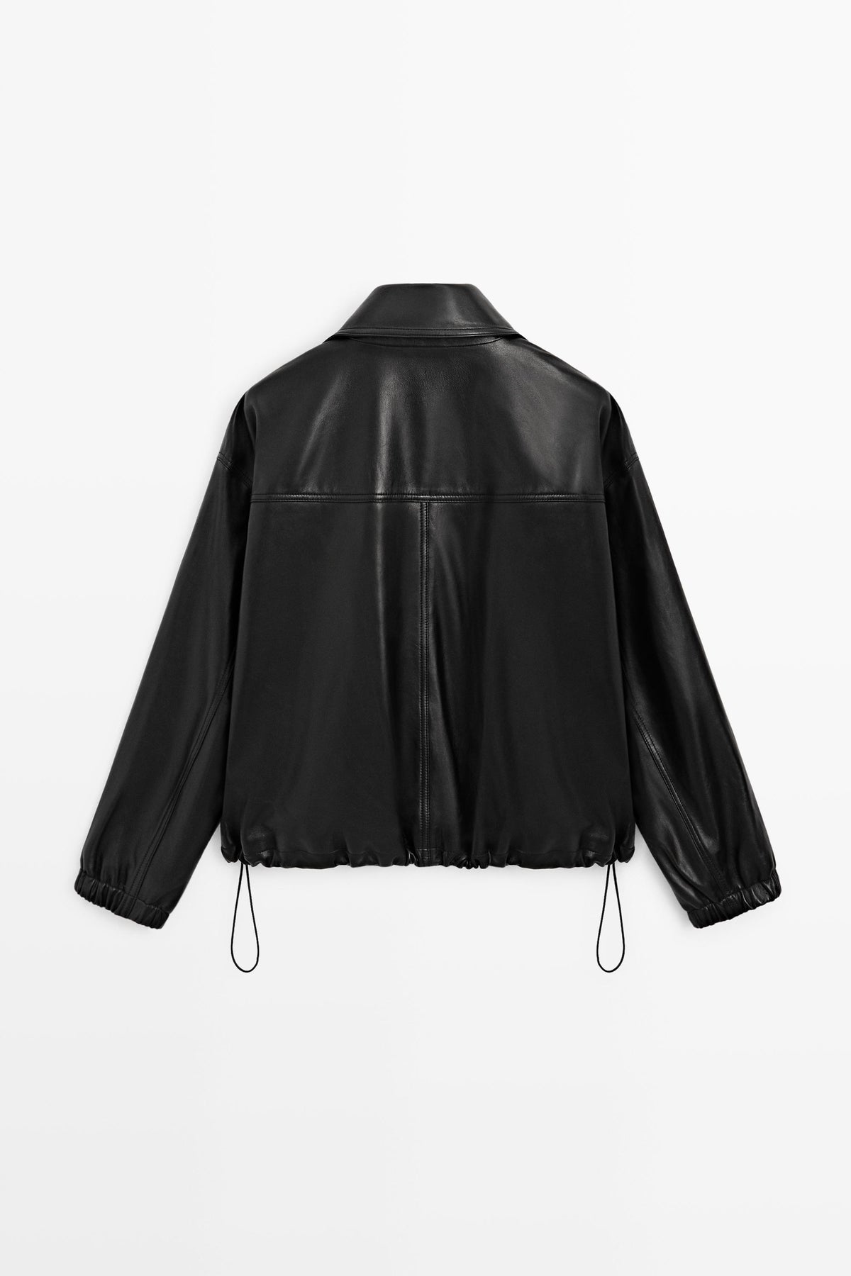 Black leather jacket shown from the back, featuring a high collar, long sleeves, and drawstring details at the hem, displayed on a clean white background.