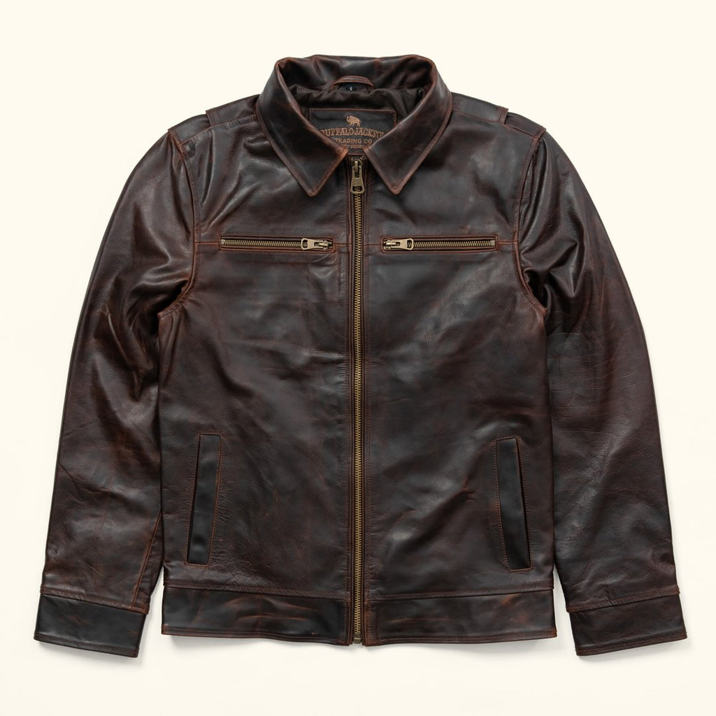 Brown leather jacket on a light beige background