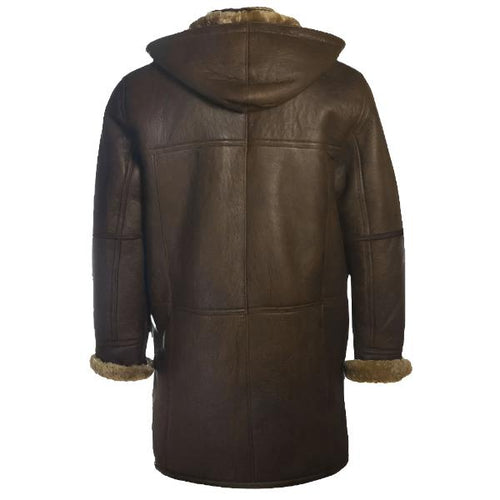 Brown leather coat with fur trim on a white background