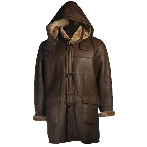 Brown leather coat with fur trim on a white background