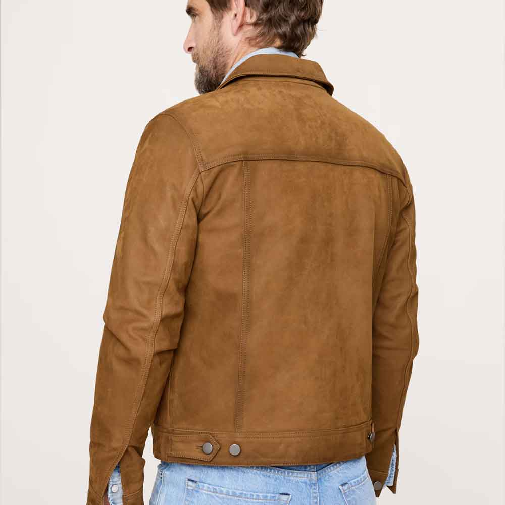 A man wearing a brown suede or faux-suede jacket, shown from the back against a plain light background.
