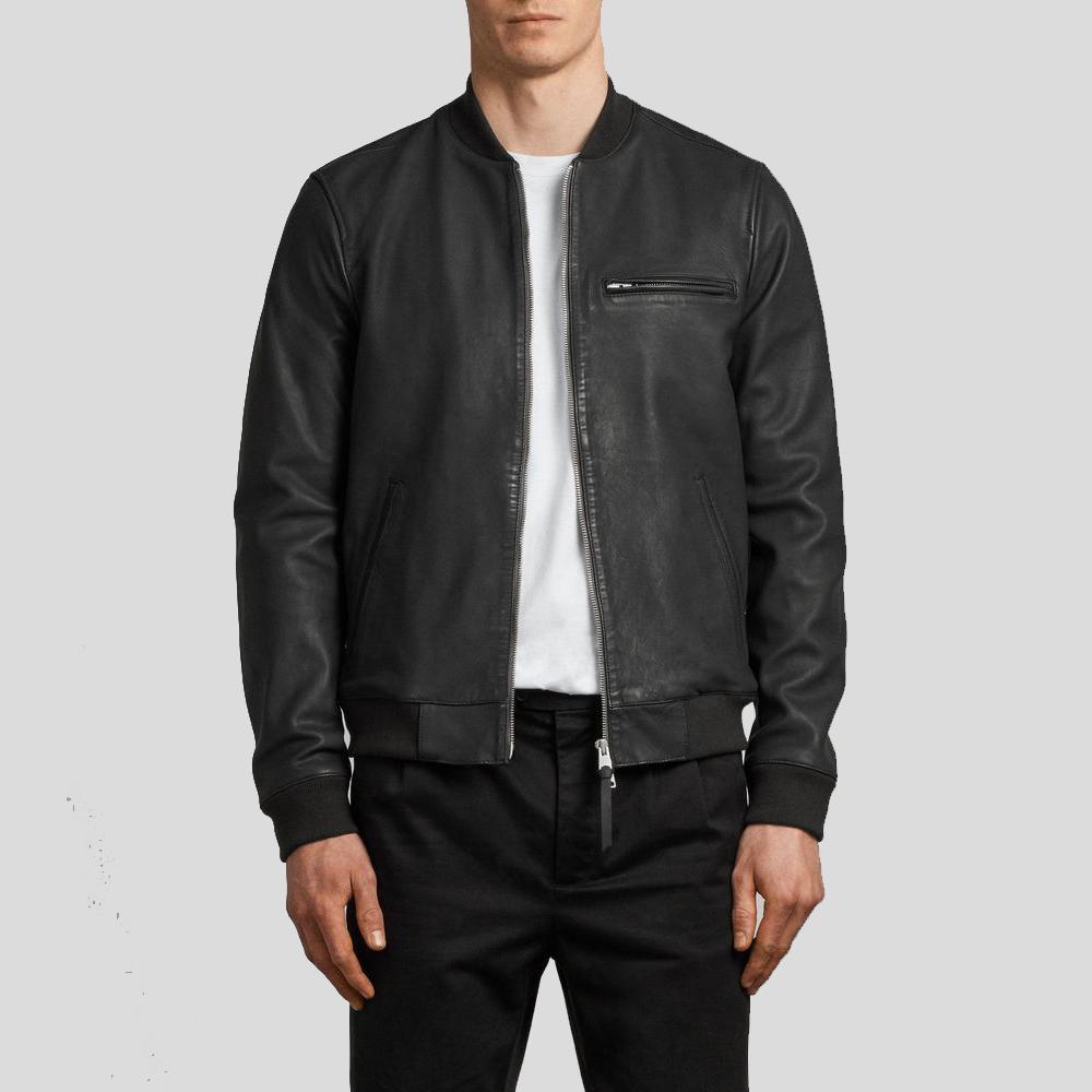 Person wearing a black leather jacket on a light gray background
