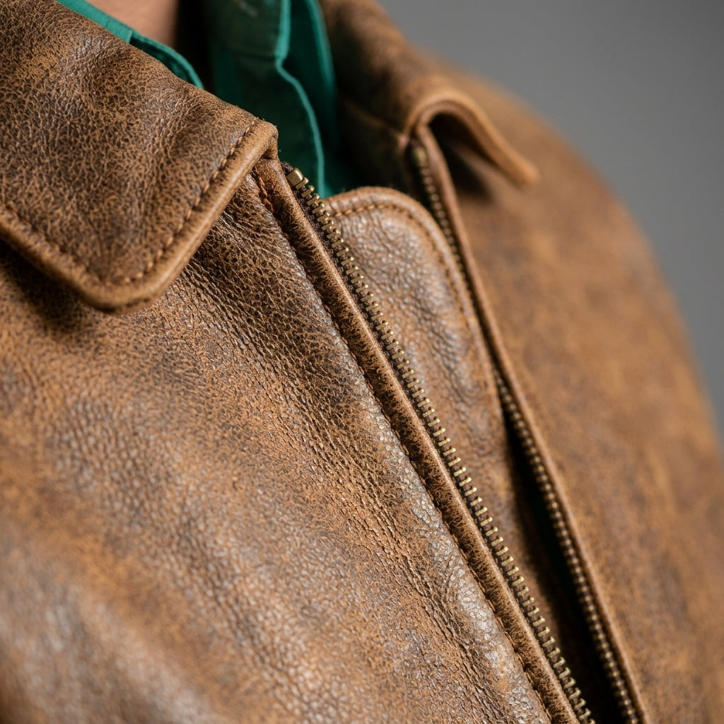 closeup view of men brown leather jacket
