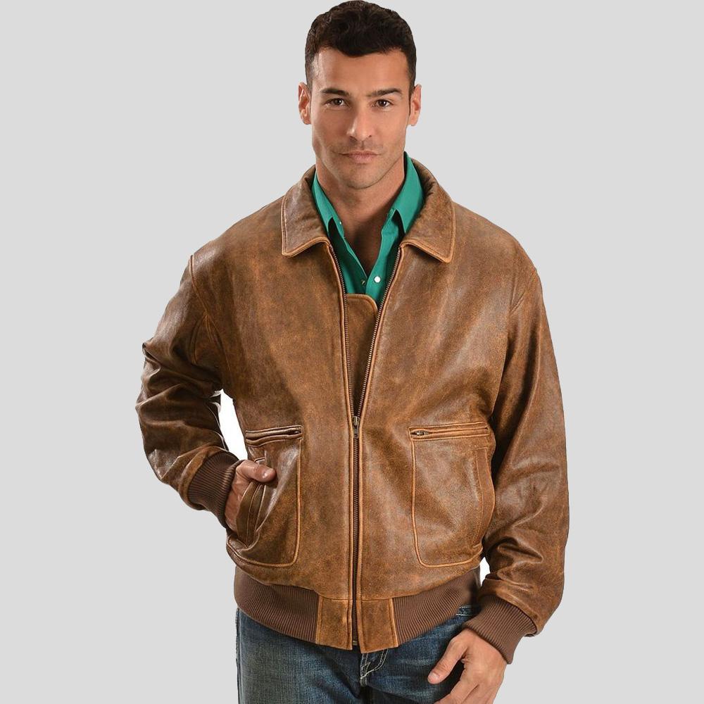 men standing wearing brown leather jacket on gray background