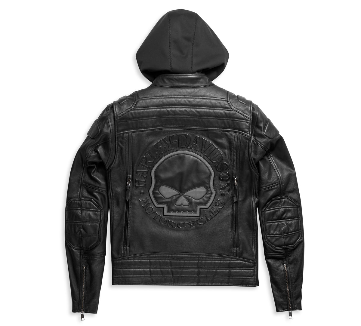 back view of harley davidson jacket on white background