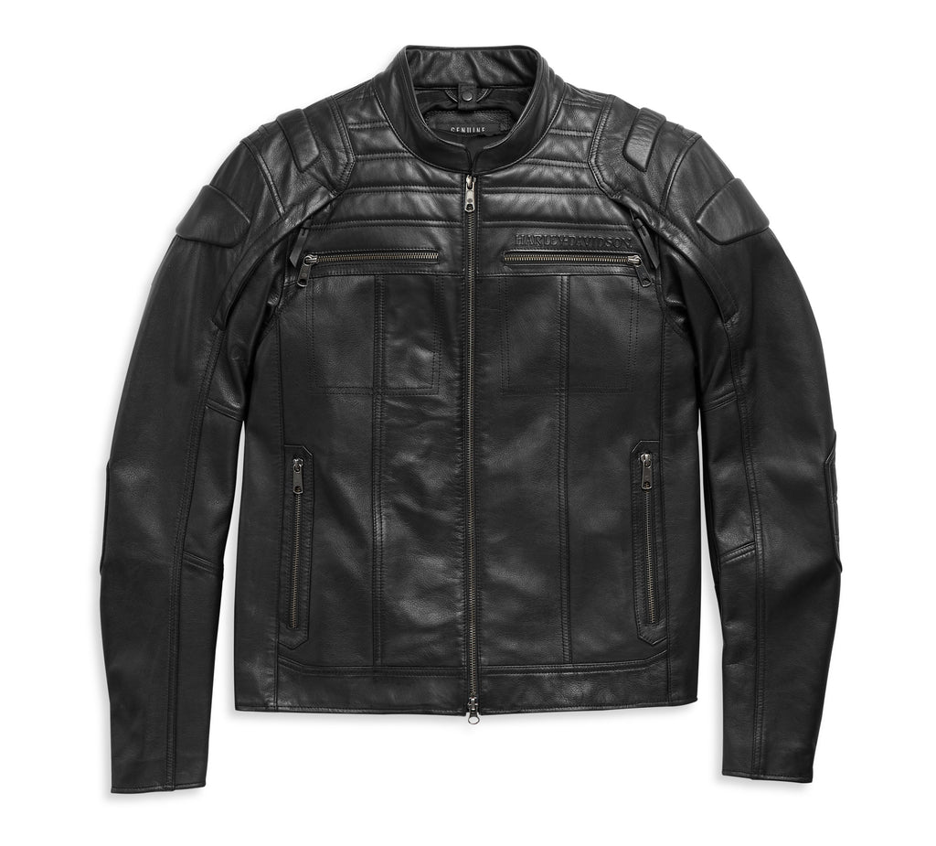 A black leather motorcycle jacket with quilted shoulder panels, a full-length front zipper, and zippered pockets, shown flat against a white background.