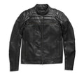 A black leather motorcycle jacket with quilted shoulder panels, a full-length front zipper, and zippered pockets, shown flat against a white background.