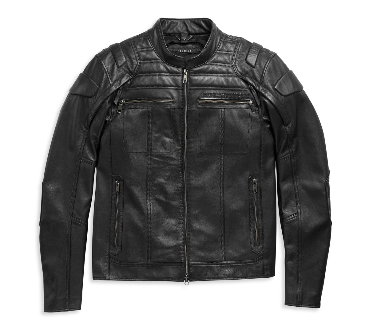 A black leather motorcycle jacket with quilted shoulder panels, a full-length front zipper, and zippered pockets, shown flat against a white background.