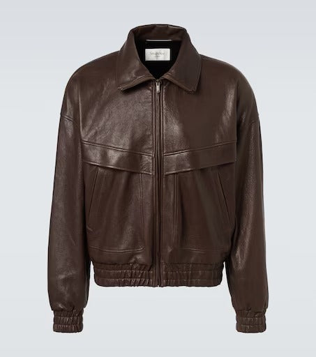 Brown leather jacket on a light gray background