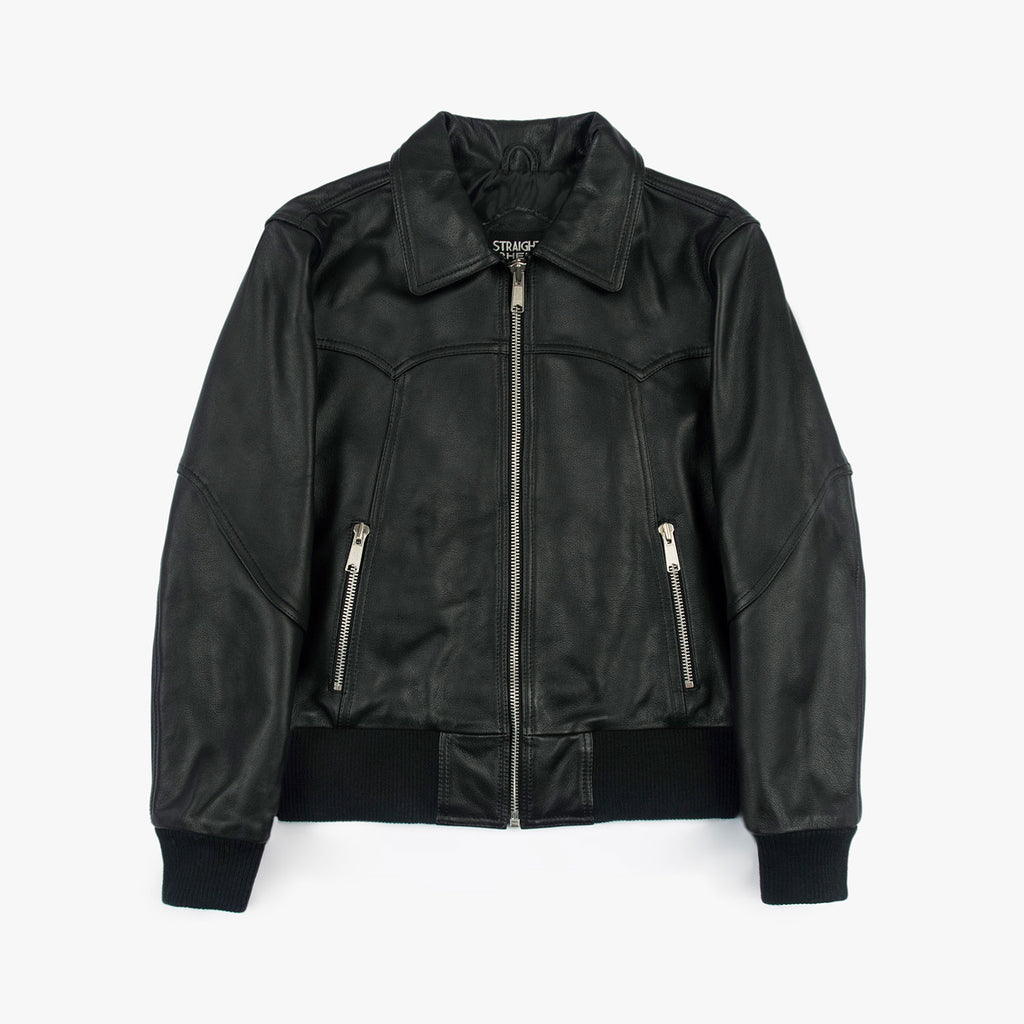 A black leather jacket with silver zippers and ribbed black cuffs and hem, displayed flat against a light gray background.