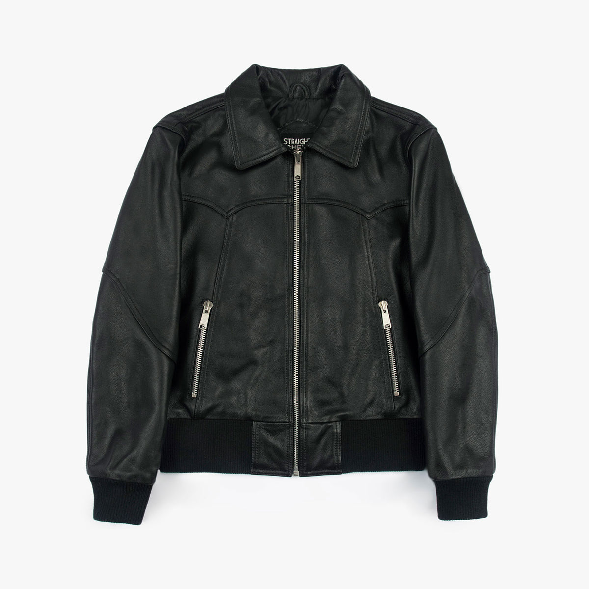 A black leather jacket with silver zippers and ribbed black cuffs and hem, displayed flat against a light gray background.