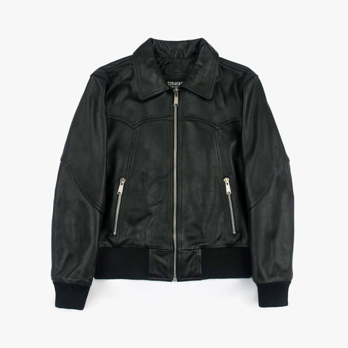 A black leather jacket with silver zippers and ribbed black cuffs and hem, displayed flat against a light gray background.
