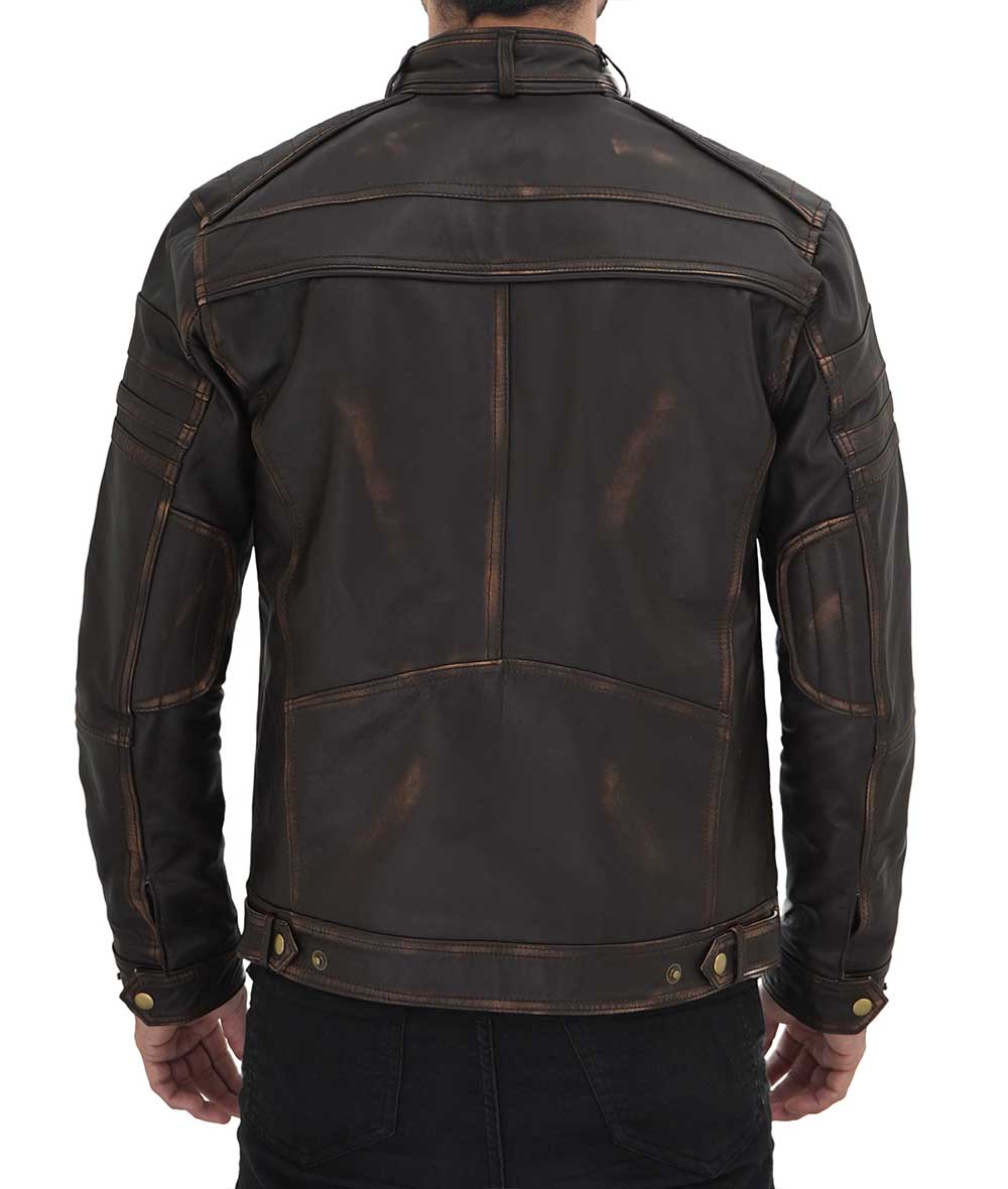 A man wearing a dark brown distressed leather jacket, shown from the back against a plain white background.