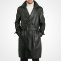Black leather trench coat worn by a person on a white background
