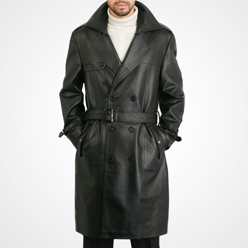 Black leather trench coat worn by a person on a white background