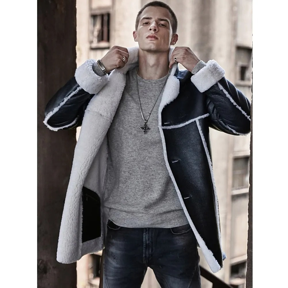 Man wearing a stylish coat with a cityscape background
