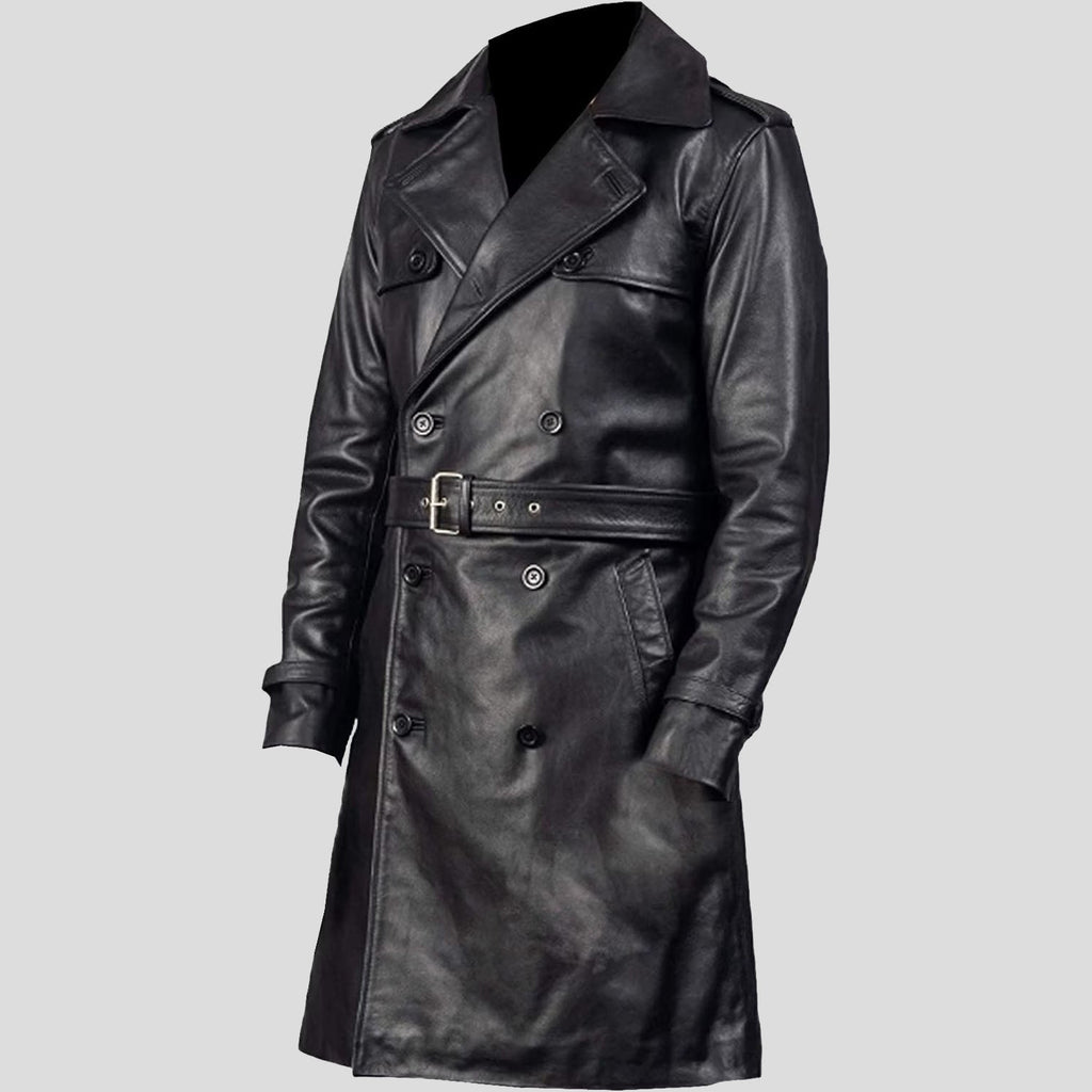 side view of mens leather trench coat