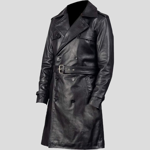 side view of mens leather trench coat