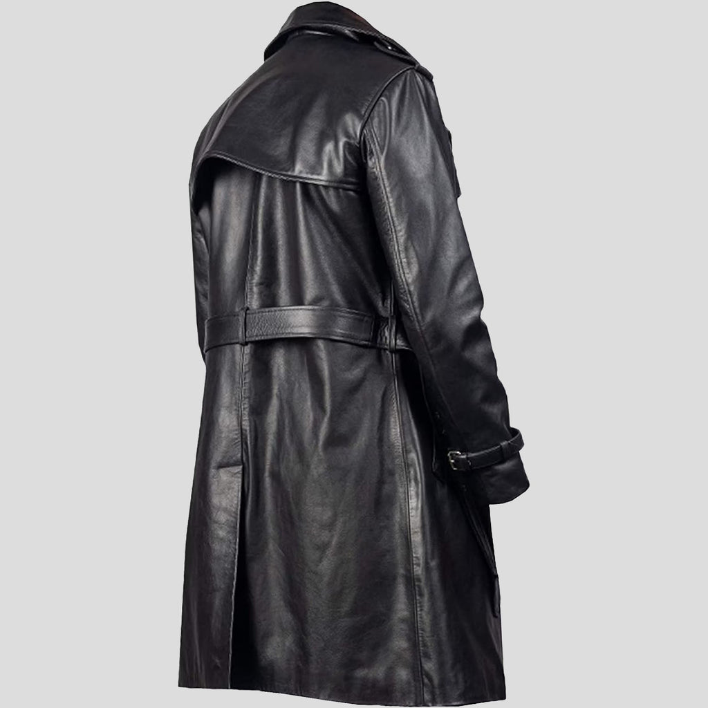 Black leather trench coat on a white background