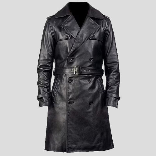 A black leather double-breasted trench coat with a matching belt and silver buckle, displayed on a headless mannequin against a solid gray background.