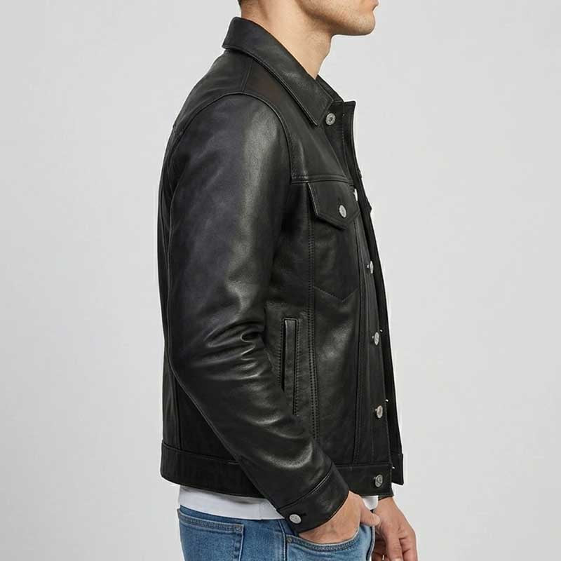Black leather jacket worn by a person on a light gray background