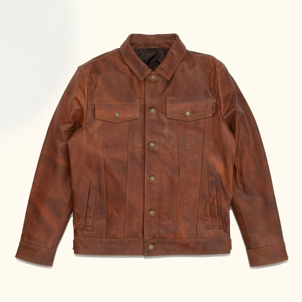 Brown leather jacket on a white background