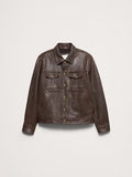 A dark brown leather jacket with a button-up front, two chest flap pockets, and gold-tone hardware, displayed flat against a light gray background.