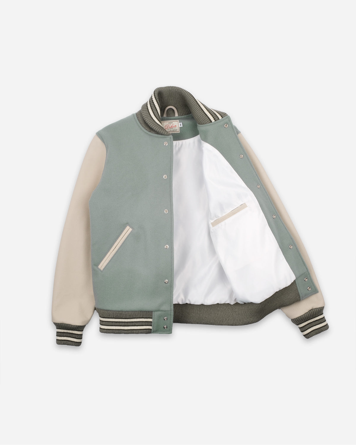Gray and beige varsity jacket on a white background