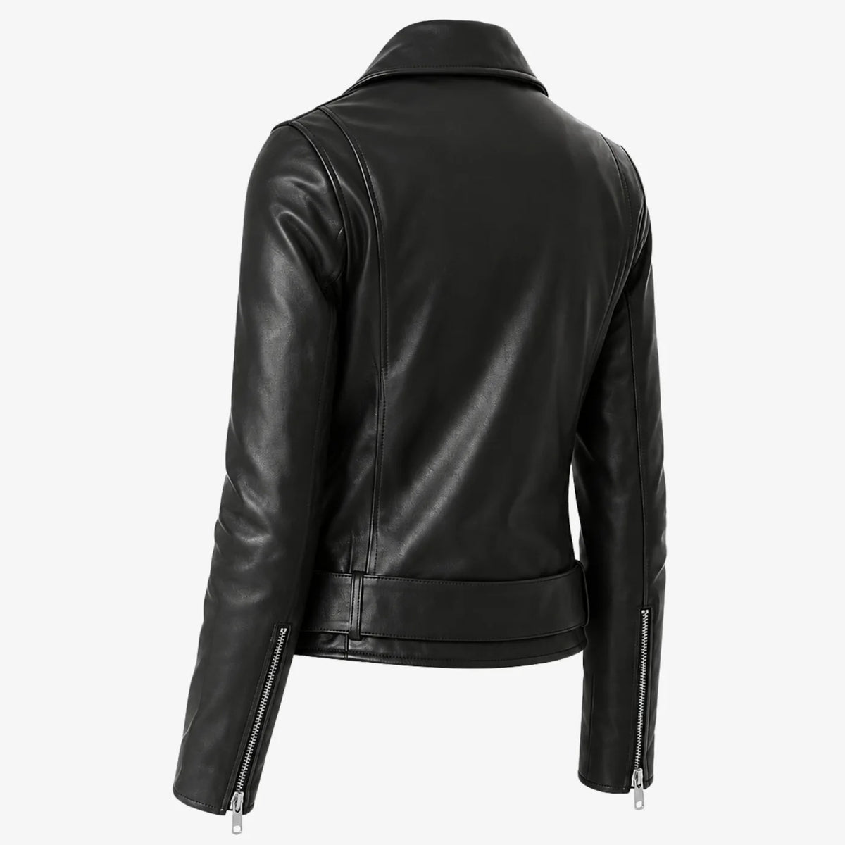 Black leather moto jacket shown from the back, featuring a high collar, zippered side details, and silver zipper pulls, set against a plain white background.