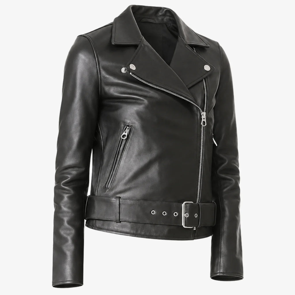A black leather motorcycle jacket with an asymmetrical zipper, silver-tone hardware, and a matching belt, shown on a light gray background.