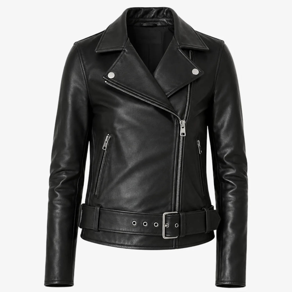 A black leather motorcycle jacket with an asymmetrical zipper, silver snap buttons, zippered pockets, and a matching adjustable leather belt with a silver buckle, shown on a light gray background.