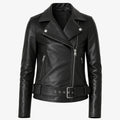 A black leather motorcycle jacket with an asymmetrical zipper, silver snap buttons, zippered pockets, and a matching adjustable leather belt with a silver buckle, shown on a light gray background.
