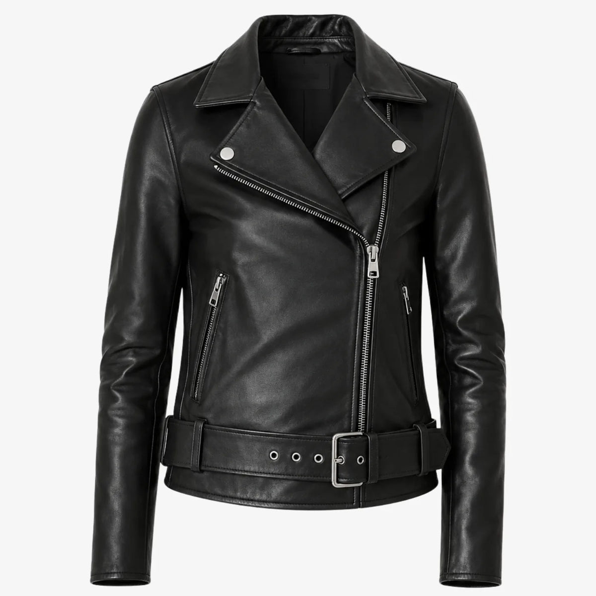 A black leather motorcycle jacket with an asymmetrical zipper, silver snap buttons, zippered pockets, and a matching adjustable leather belt with a silver buckle, shown on a light gray background.