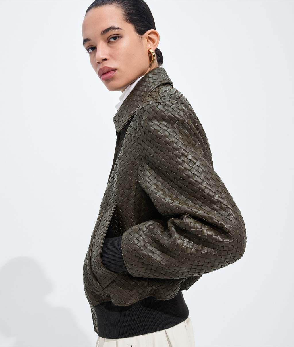 side view of leather bomber jacket