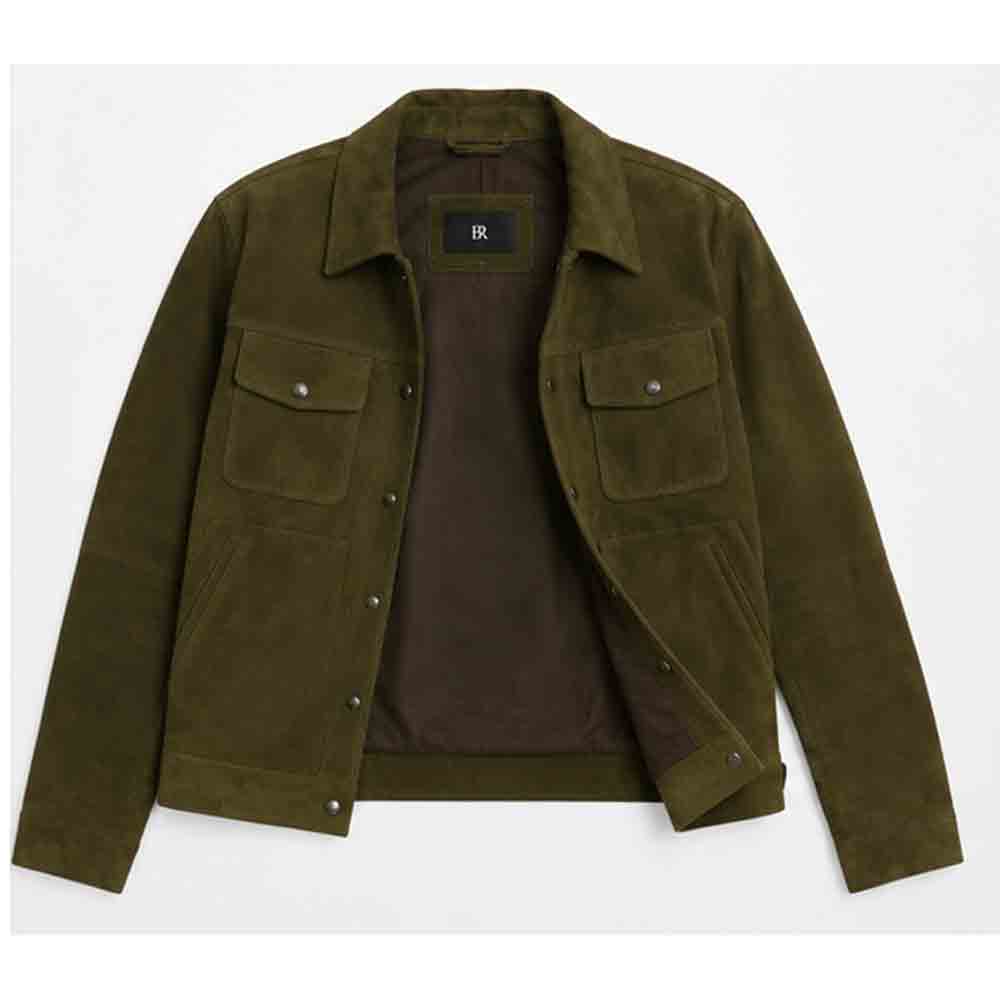 An olive green suede jacket with a dark brown interior lining, featuring two buttoned chest flap pockets and a collar, laid flat against a light gray background.