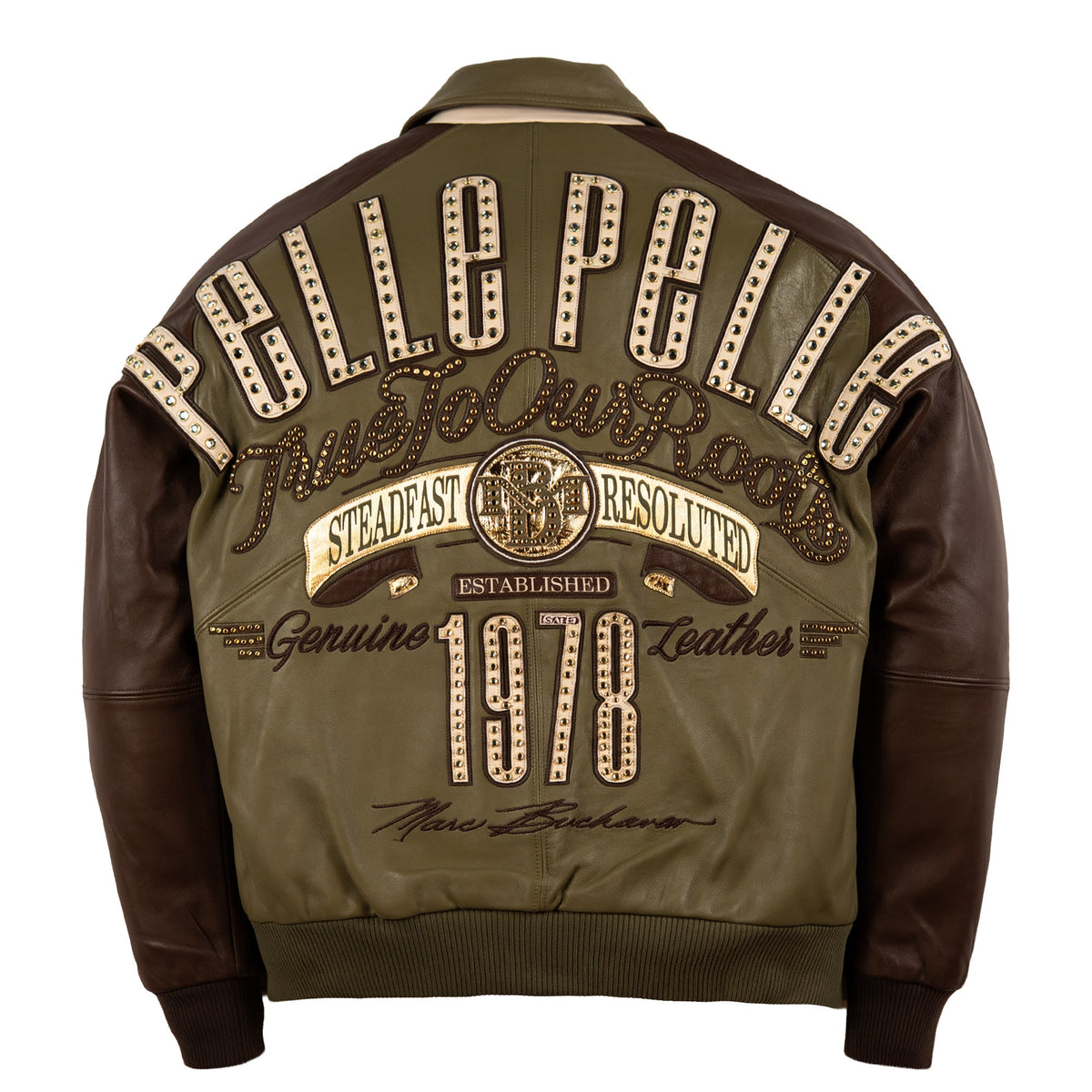Back view of an olive green and brown leather bomber jacket featuring large 'PELLE PELLE' lettering and 'True To Our Roots' text with decorative studs and rivets on a white background.