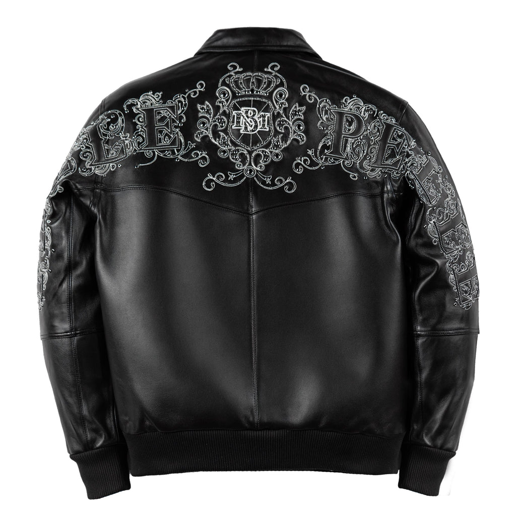 Black leather bomber jacket shown from the back, featuring intricate silver and white embroidery with the word 'Pelle' and a central crest on the shoulders and upper back.