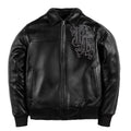 A black leather bomber jacket with a front zipper, ribbed collar, cuffs, and hem, featuring a decorative silver-toned 'P&P' monogram embroidered on the left chest, shown against a plain white background.